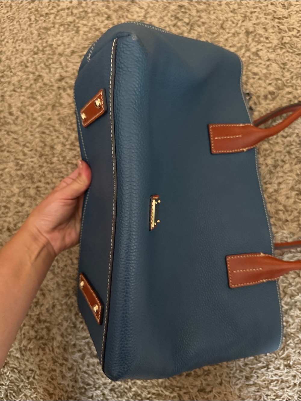 Dooney & Bourke Teal Pebbled Leather Tote with Brown Handles - Picture 8 of 8